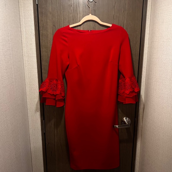 Calvin Klein Red Sheath Dress with Tiered Bell Sleeves – Size 2 - Picture 2 of 3
